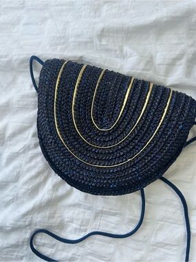 Navy Woven Crossbody Bag with Gold Trim